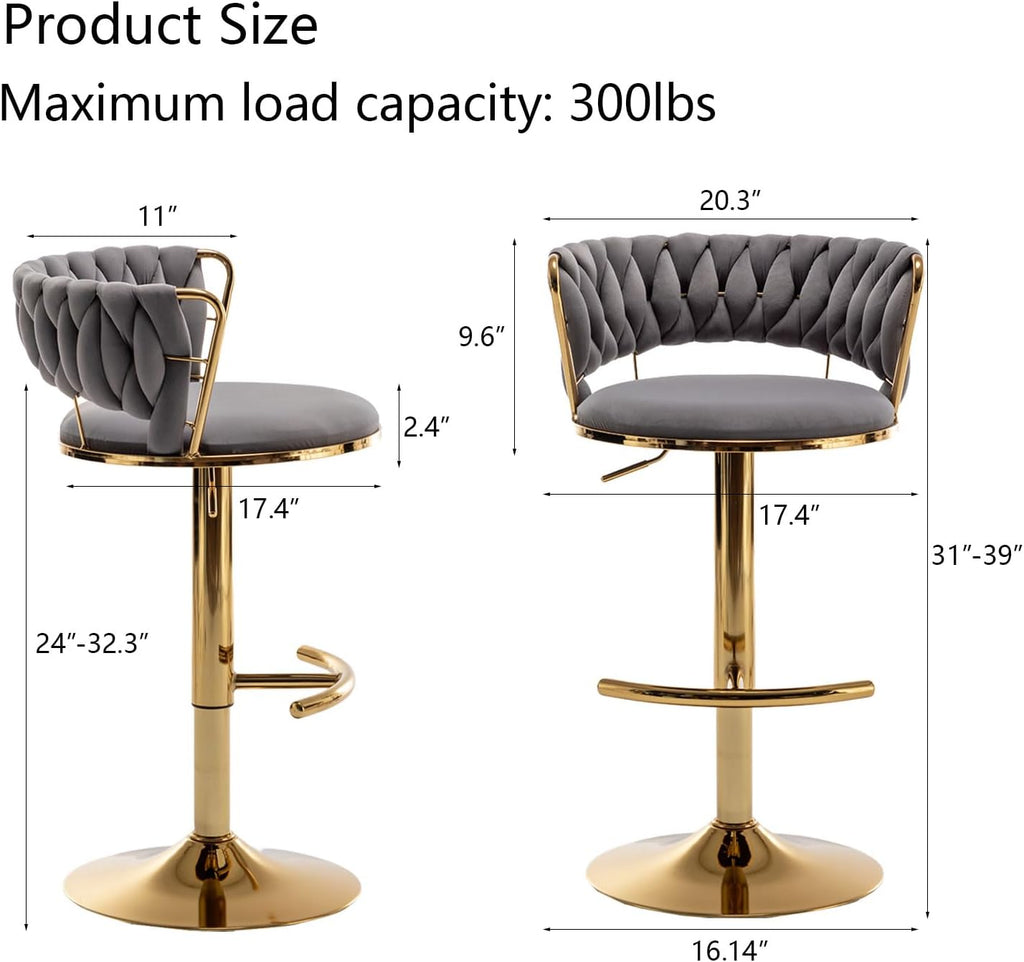 Velvet Bar Stools Set of 3, Counter Height Barstools with Low Back, Gold Swivel Bar Stool for Kitchen Island, Pub (Grey)