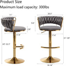 Velvet Bar Stools Set of 3, Counter Height Barstools with Low Back, Gold Swivel Bar Stool for Kitchen Island, Pub (Grey)