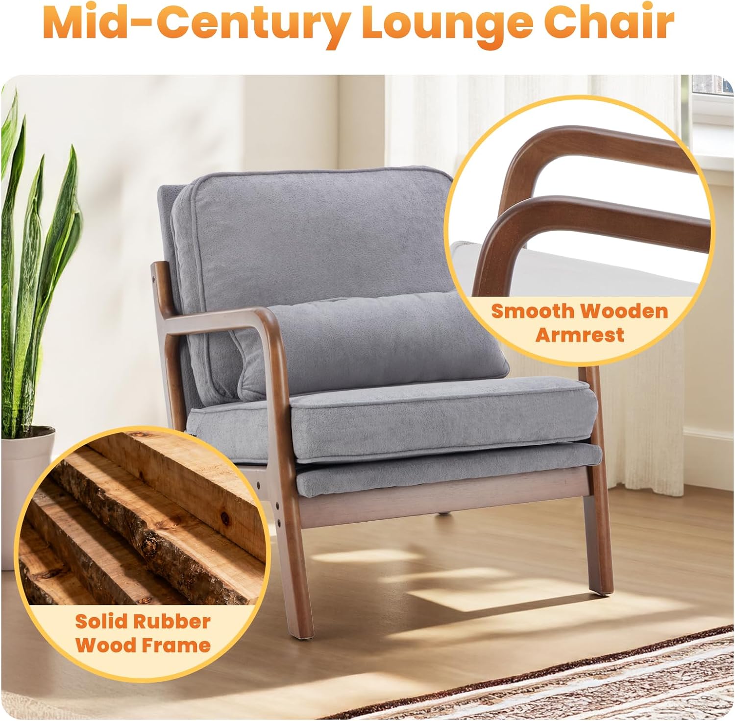 DUMOS Mid Century Accent Chair, Modern Living Room Chair with Arms and Waist Cushion, Reading Chairs for Adults, Lounge Chair for Bedroom, Solid Wooden Frame, Light Grey