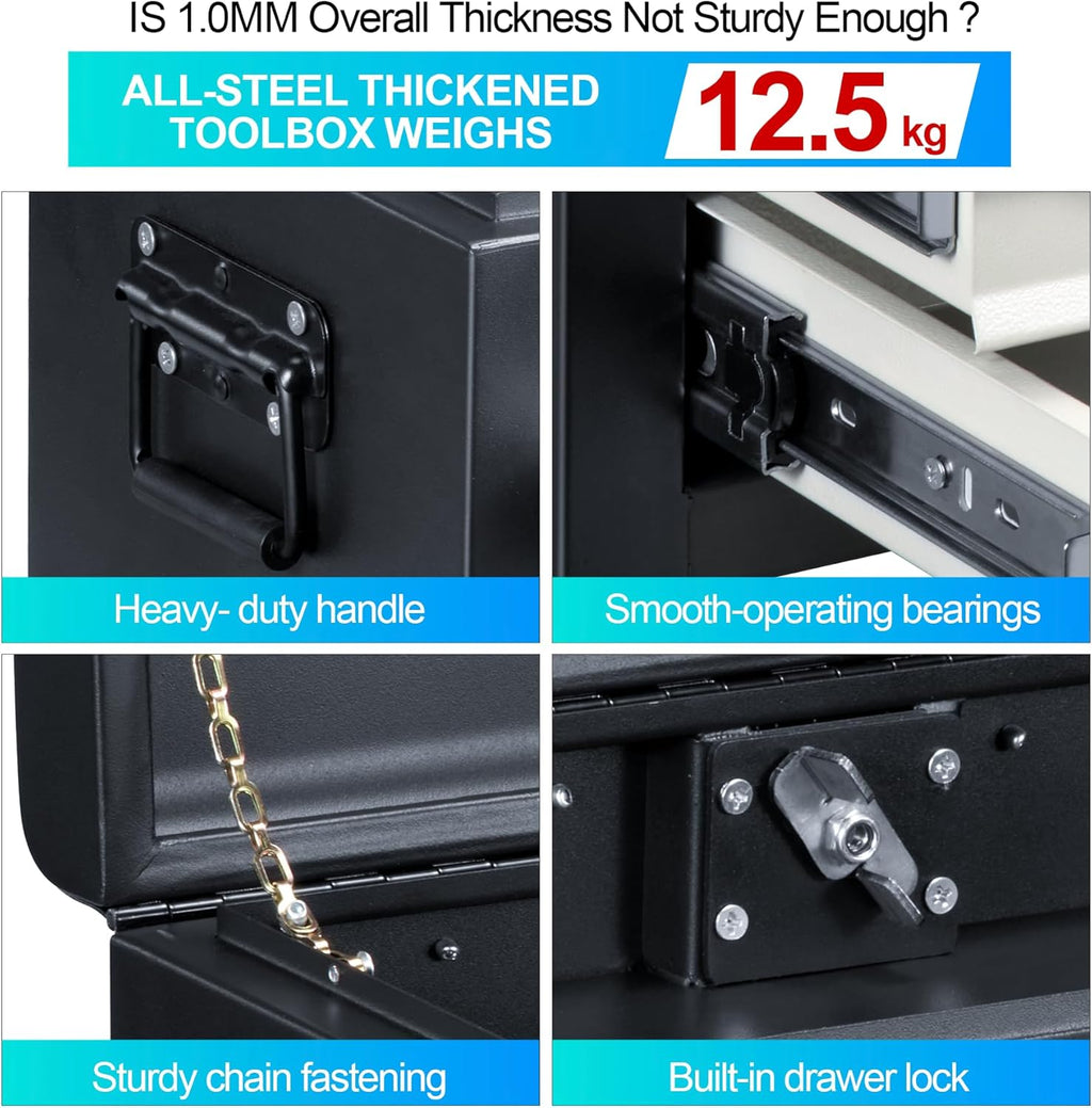 3 Drawers 22" Portable Metal Tool Box, Heavy Duty Toolbox with Double Locking System & Unique Built-in Drawer Lock, Tool Chest Organizer for Workshop, Garage, DIY Office Storage