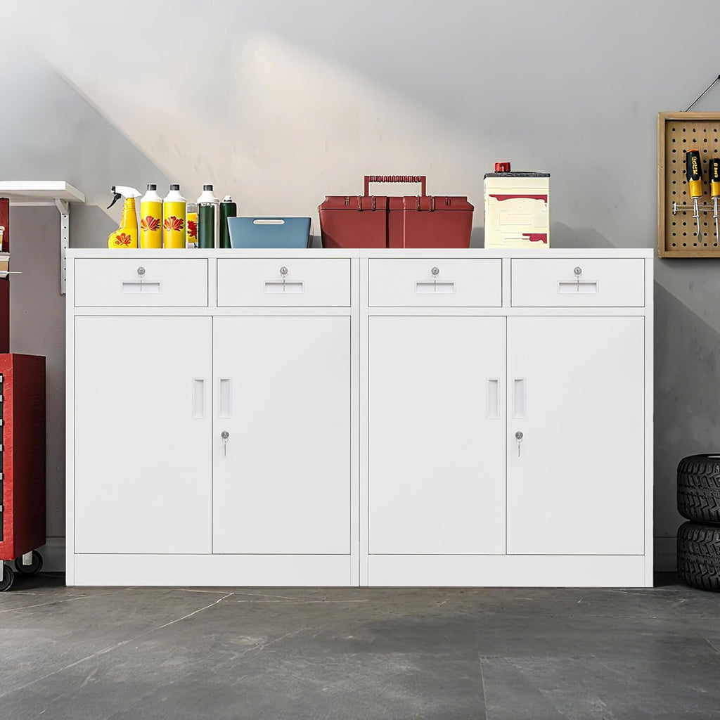 Wanfu Metal Storage Cabinet, Locking Storage Cabinet with Adjustable Shelf, 36" H Metal Cabinets with 2 Drawers for Office, Garage, Home-White