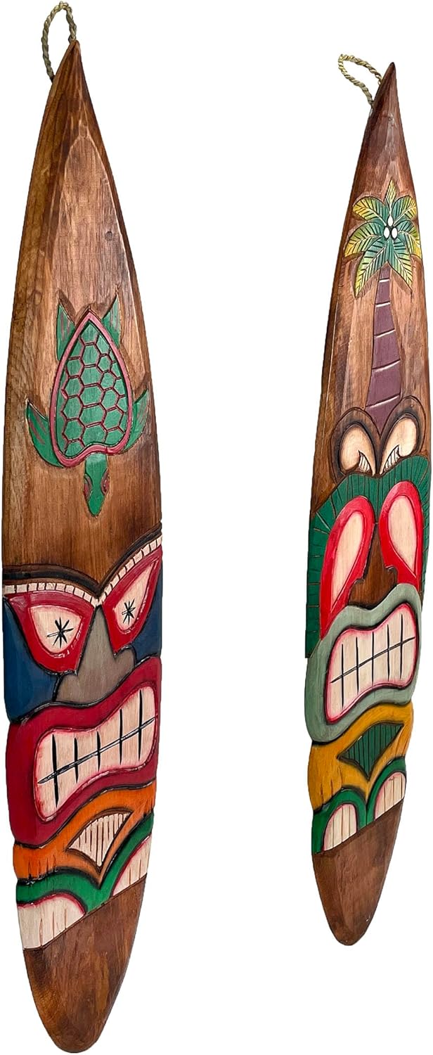Set of 2 Wooden Tiki Surfboard Wall Decor, 39" Hand-Carved Surfboards with Sea Turtle and Palm Tree Designs, Hand-Painted Tropical Wall Art, Coastal Beach House Accent, Rustic Bar or Patio Hanging