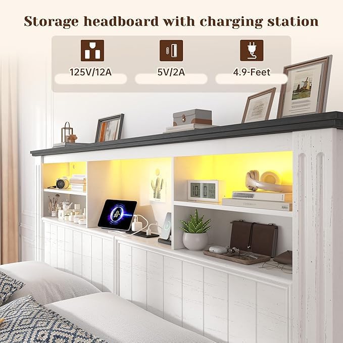 EnHomee Queen Bed Frame with Headboard and Storage, 4 Drawers and LED Built in Charging Station Bed Frame Queen Size with Storage Farmhouse, NO Noise,No Box Spring Needed, White
