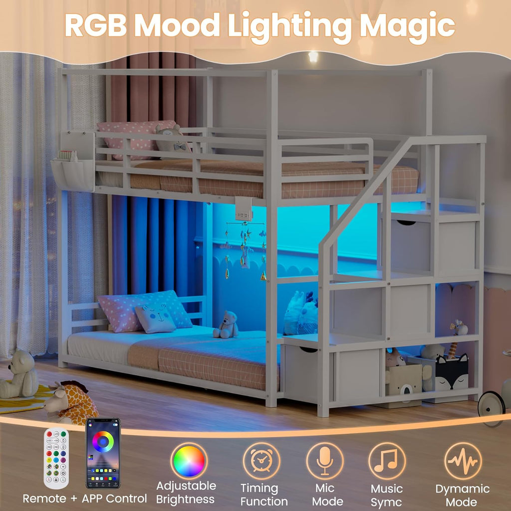 Low Bunk Bed Twin Over Twin with Storage Staircase, RGB LED Lights, Drawers & Shelves, Metal Bunk Beds for Kids with Power Outlet, Double Full-Length Guardrails & Metal Slats for Small Space, White