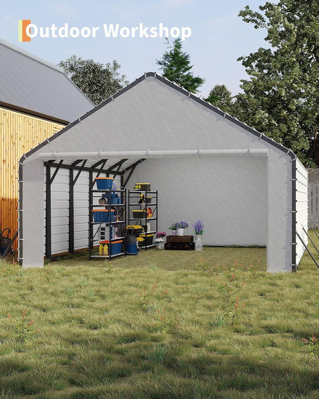 Door Panels with Zippers for Metal Carport,20x25ft & 20x20ft Heavy Duty 200g PE Tarp Enclosure with Zippered Front & Back - Waterproof White Cover for Carport Garage, Equipment Shelter,20FT Width