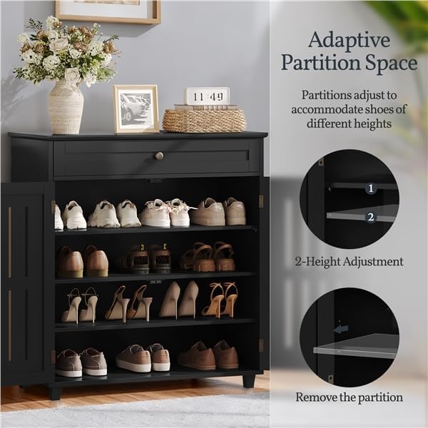 Yaheetech Shoe Cabinet, 4-Tier Shoe Storage Cabinet with Drawer & Adjustable Shelves, Shoe Rack Cabinet for Entryway, Hallway, Living Room, Black