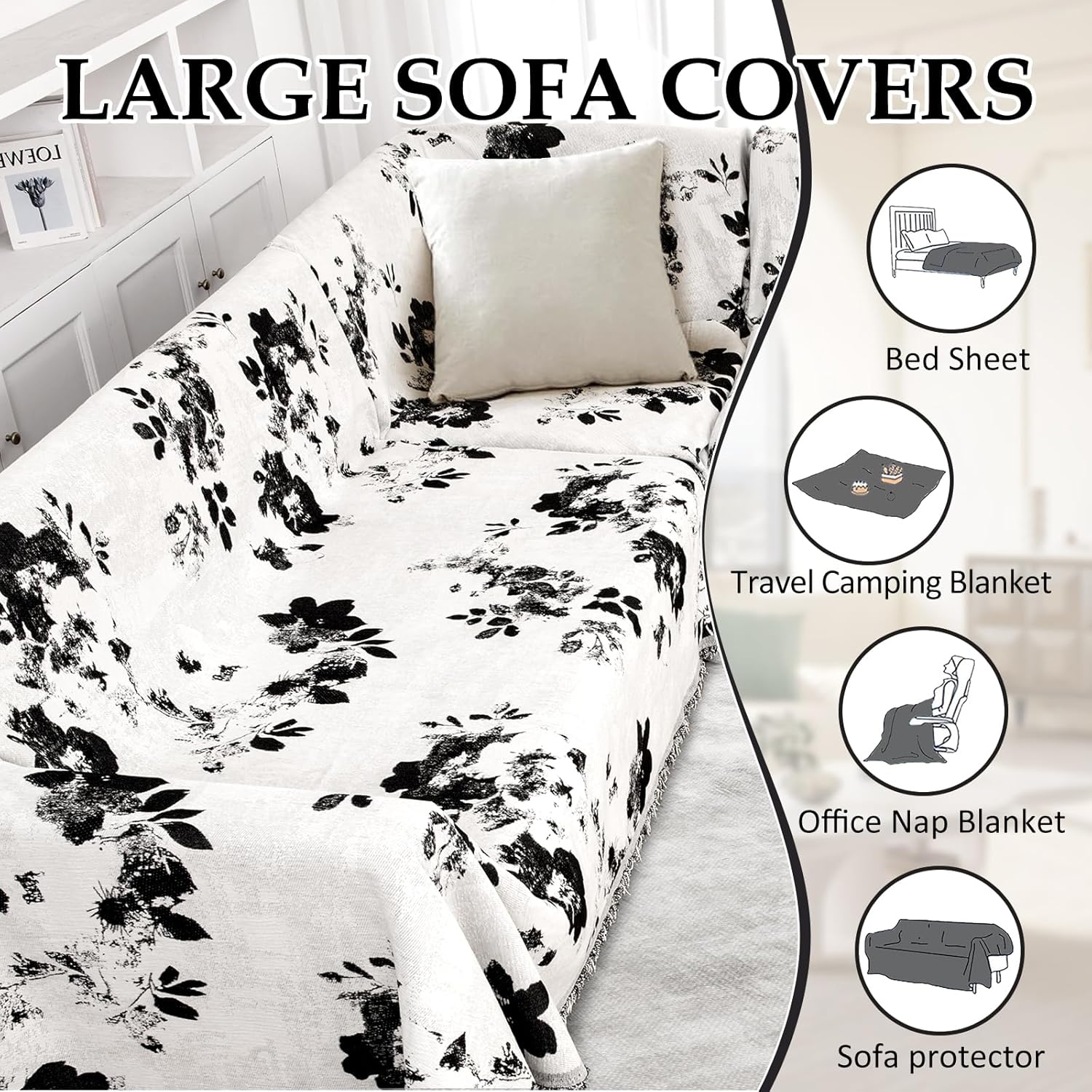 1OO% Waterproof Sectional Couch Covers for Dogs L Shaped Corner Sofa Cover Washable Chenille Sofa Slipcovers Blanket Modern Jacquard Pet Furniture Protector (91"x252", Black Flower)