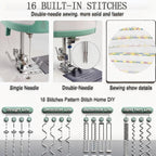 Sewing Machine for Beginners Twin Needles Sewing Machine and 16 Stitch Applications Household Electric for Beginners with Foot Pedal, 42poc Accessory Kit DIY Crafting(green)