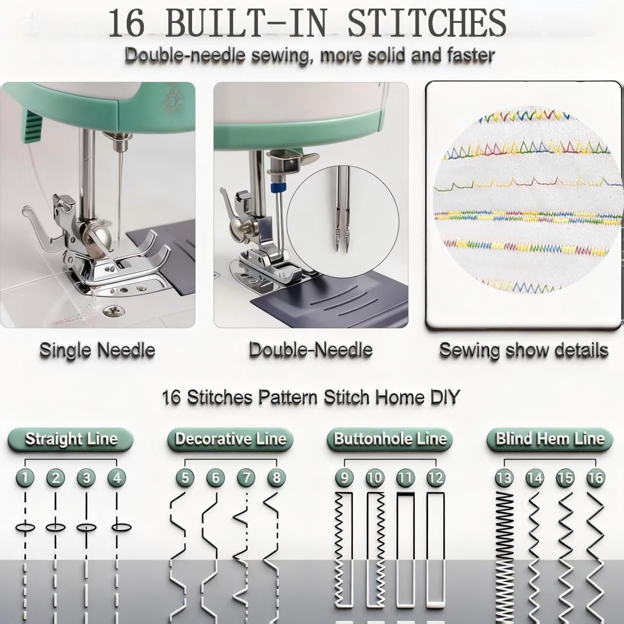 Sewing Machine for Beginners Twin Needles Sewing Machine and 16 Stitch Applications Household Electric for Beginners with Foot Pedal, 42poc Accessory Kit DIY Crafting(green)