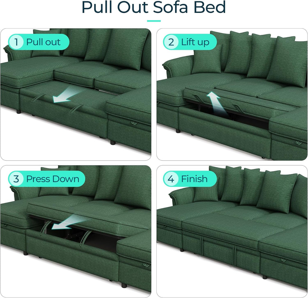 LINSY HOME Oversized Sectional Sleeper Sofa with Pull Out Couch Bed (Green, 118.5'') | USB Charging, Pillow-style Armrest, Multiple Cushions, Storage Chaise, Corduroy Fabric