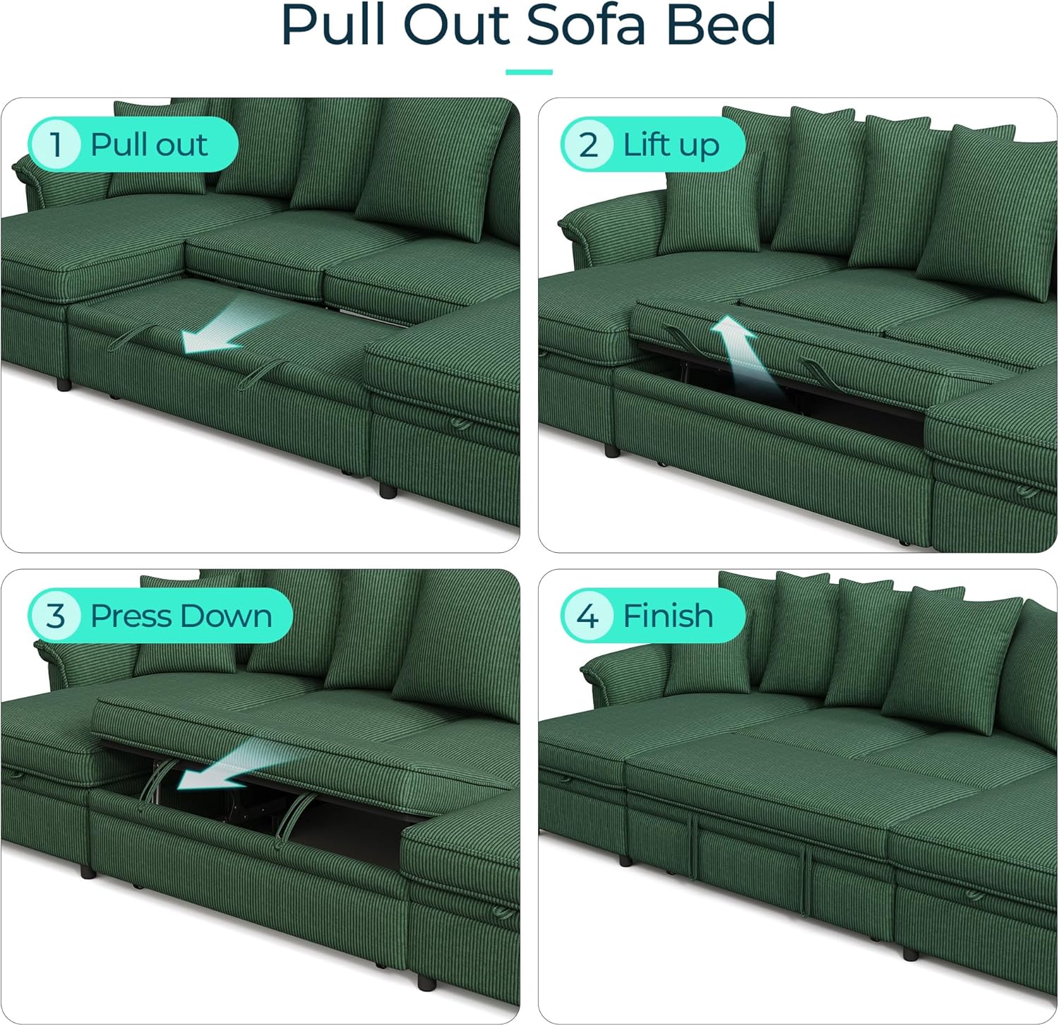 LINSY HOME Oversized Sectional Sleeper Sofa with Pull Out Couch Bed (Green, 118.5'') | USB Charging, Pillow-style Armrest, Multiple Cushions, Storage Chaise, Corduroy Fabric