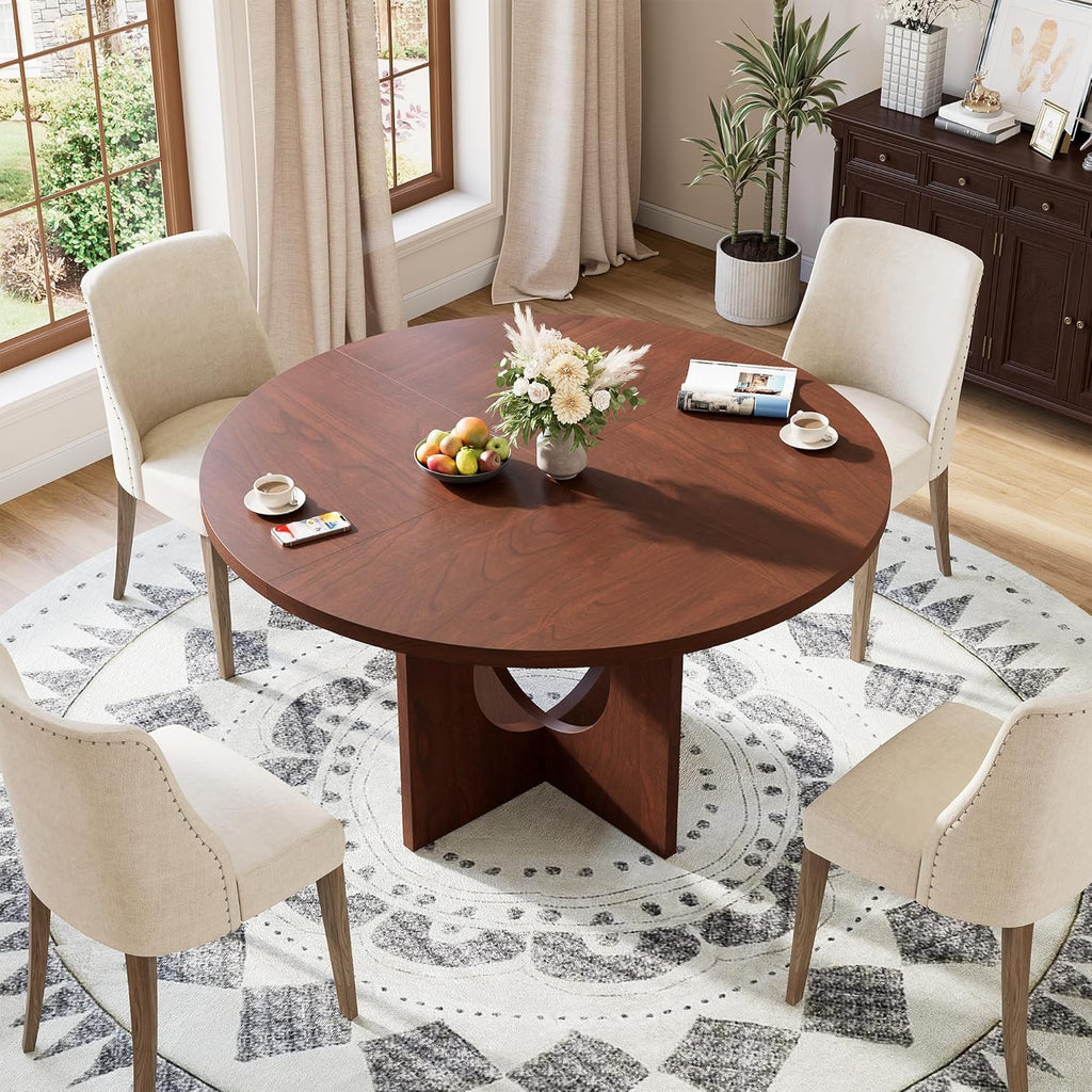 Garvee 47" Round Dining Table for 4-6 People - Circle Kitchen Dinner Table with Sturdy Pedestal Base, Space Saving Dinning Room Furniture for Living Room, Kitchen, Apartment, Walnut