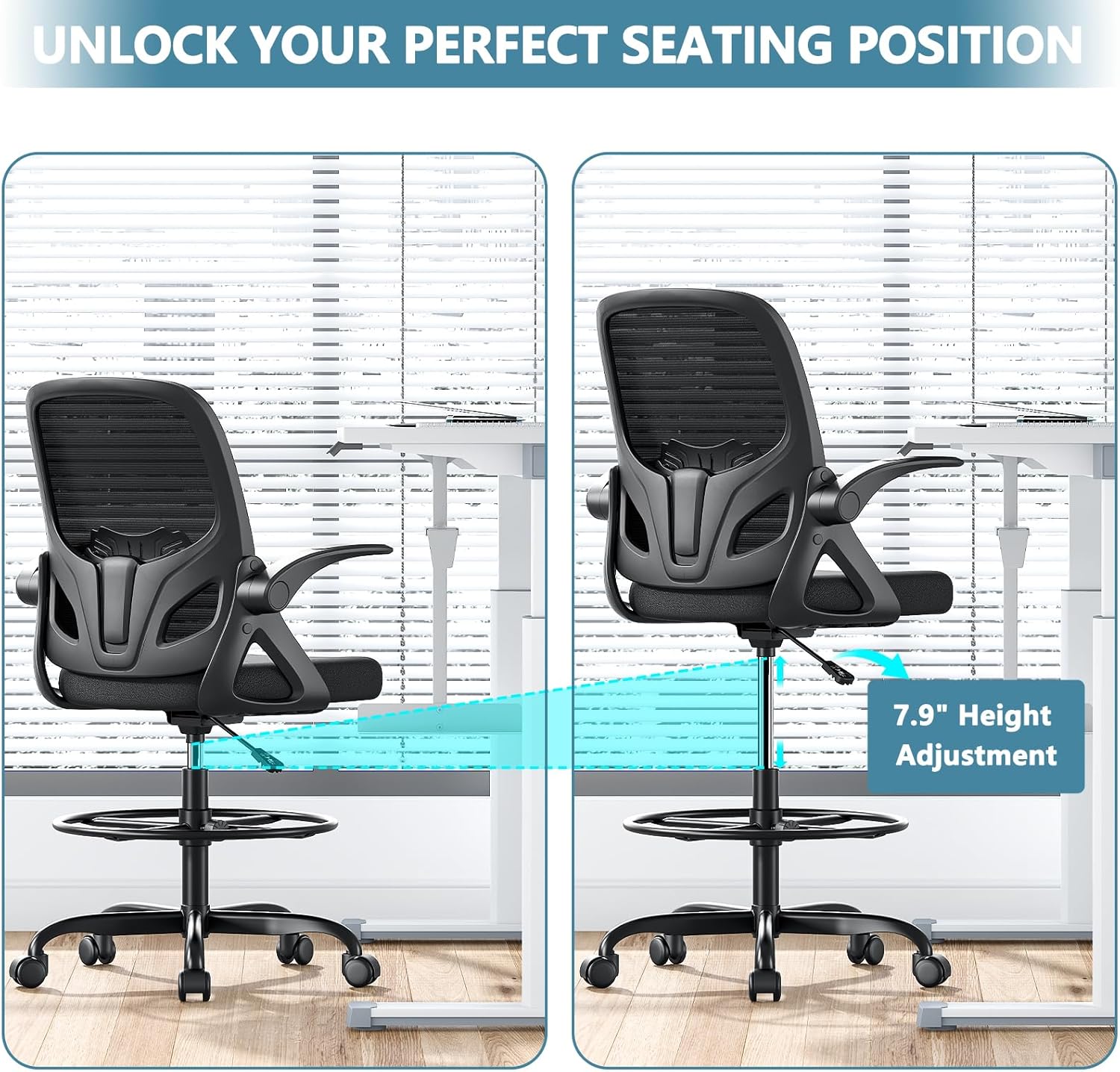 Kensaker Drafting Chair Tall Office Chair, Ergonomic Standing Desk Chair with Adjustable Foot Ring and Flip-up Armrests, Mesh Computer Chair for Art Studio, 300 LBS, Black