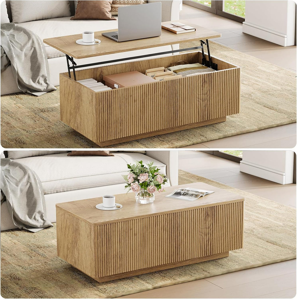 FABATO Mid Century Modern Coffee Table, Wooden Fluted Center Table with Large Hidden Compartment, 41.7” Rectangle with Round Corners, Lift Up Farmhouse Wood Table for Living Room, Home Office, Wood