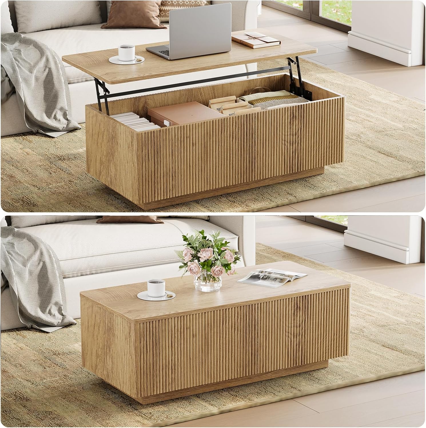 FABATO Mid Century Modern Coffee Table, Wooden Fluted Center Table with Large Hidden Compartment, 41.7” Rectangle with Round Corners, Lift Up Farmhouse Wood Table for Living Room, Home Office, Wood