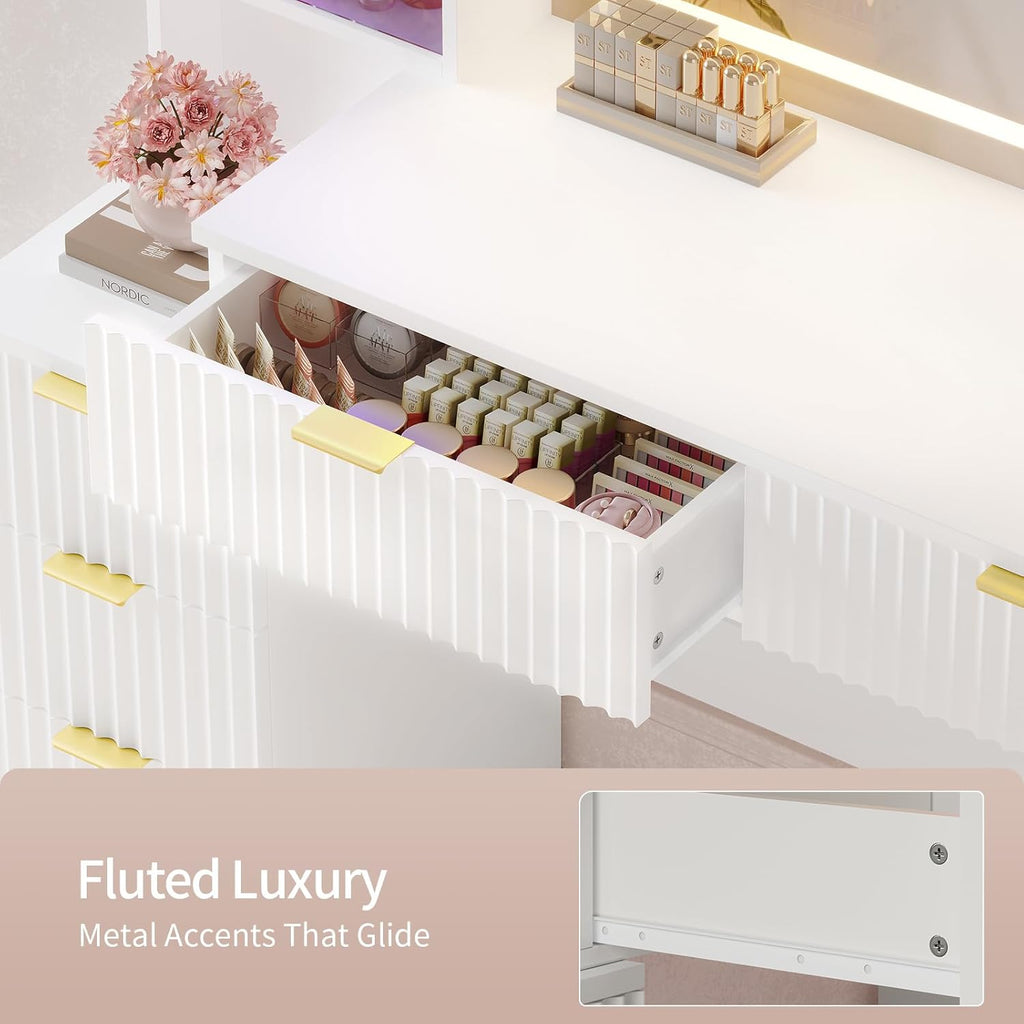 Big Vanity, Fluted Wood Makeup Vanity Desk with Mirror and Sound Sync LED Lights, Large Vanity Dressing Table, 8 Drawers, Charging Station for Girls, Women (White, 59.1" Width)
