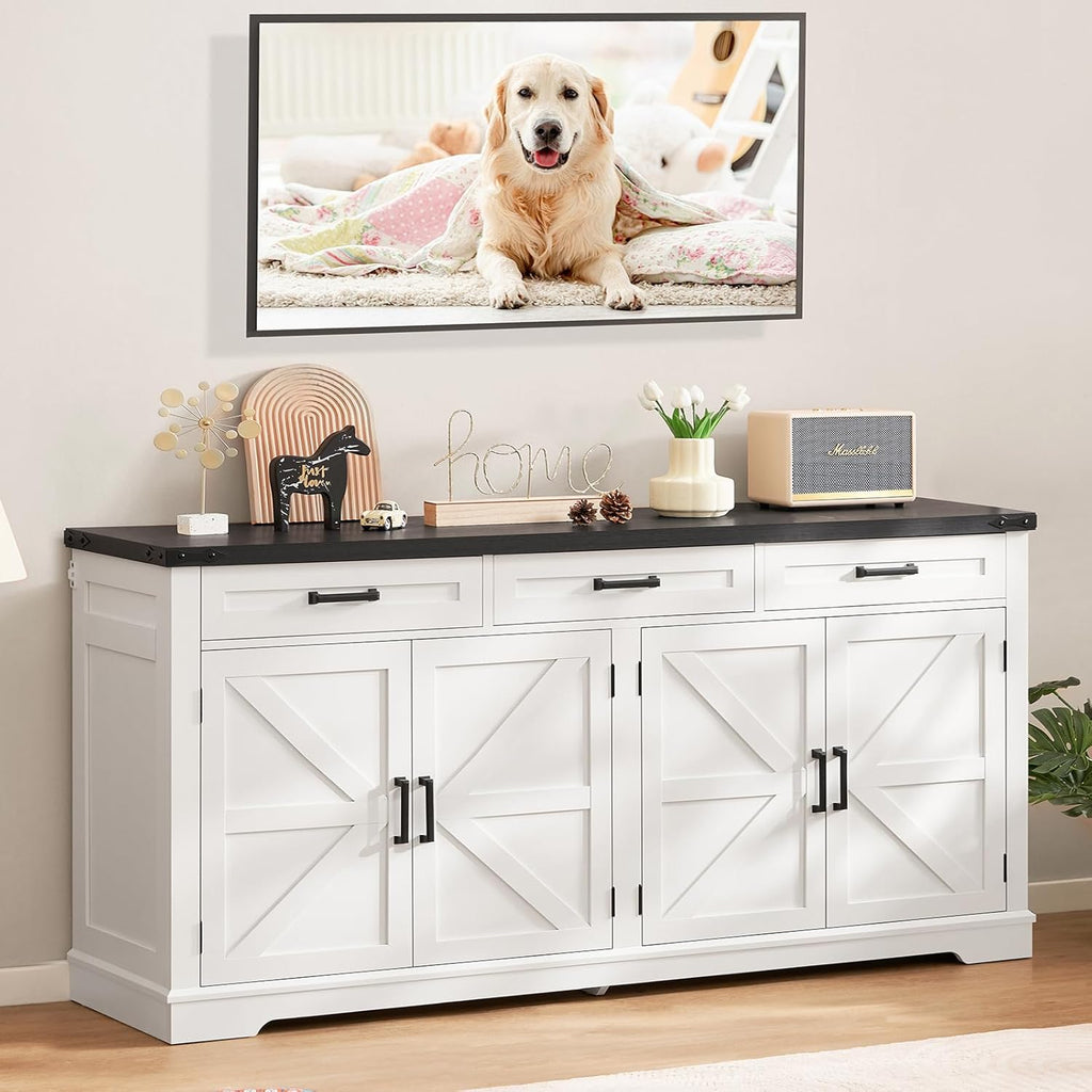 usikey 61” Large Sideboard Buffet Cabinet with 4 Doors and 3 Drawers, Farmhouse Buffet Table, Dining Room Storage Cabinet for Kitchen or Living Room, White