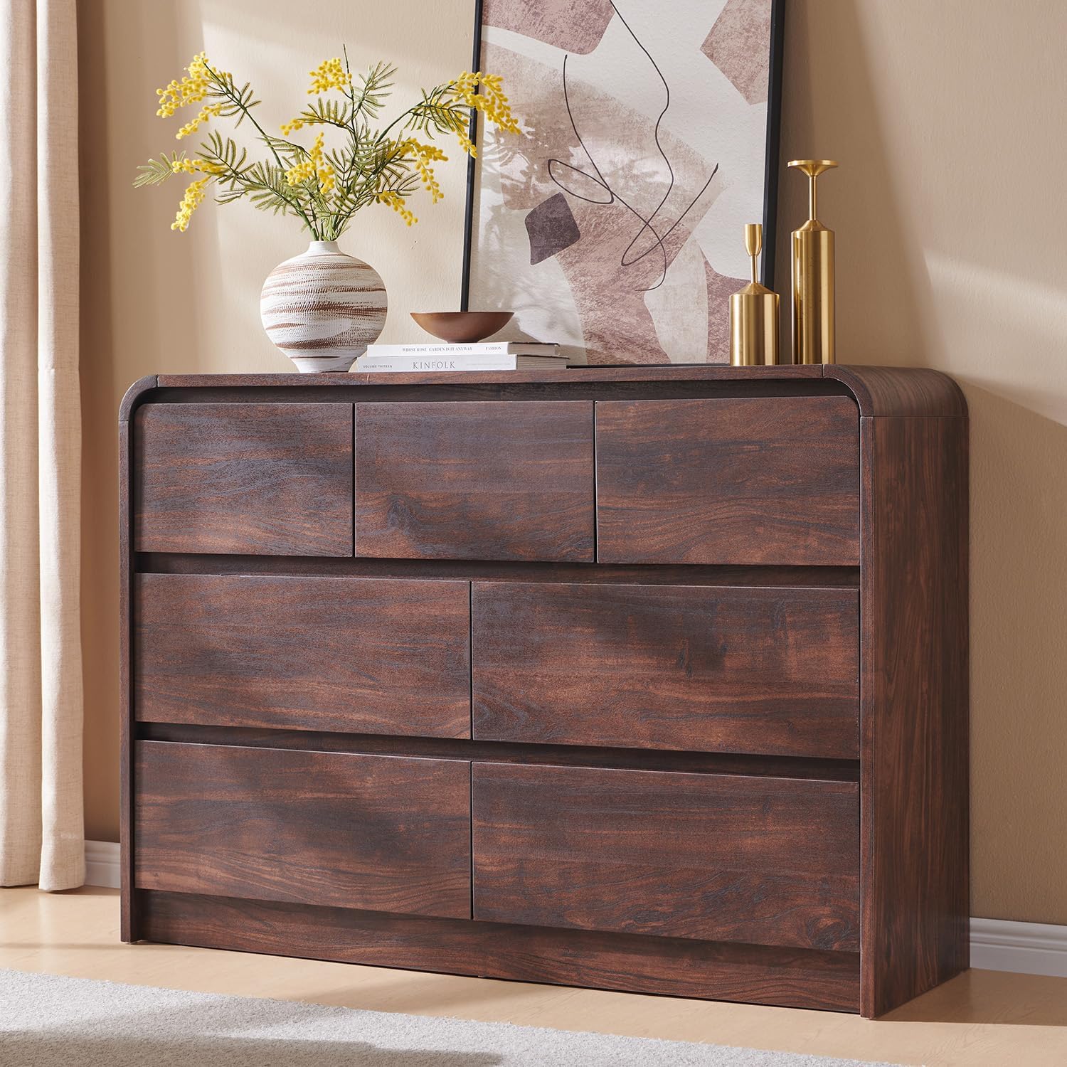 Modern 7 Drawers Dresser for Bedroom, 47" Wide Wood Dressers & Chests of Drawers w/Curved Profile Design, Mid Century Modern Dresser w/Natural Texture for Bedroom, Living Room, Brown