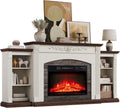 72" Electric Fireplace TV Stand for TVs Up to 85", Farmhouse Entertainment Center with Realistic Stacked Stone Surround, Freestanding Heater, Wooden Carved Mantel for Living Room, White