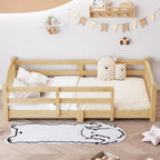 Merax Twin Montessori Floor Bed with Safety Guardrails – Solid Wood Kids Bed with Slats & Fence and Without Door, No Box Spring Needed, Natural