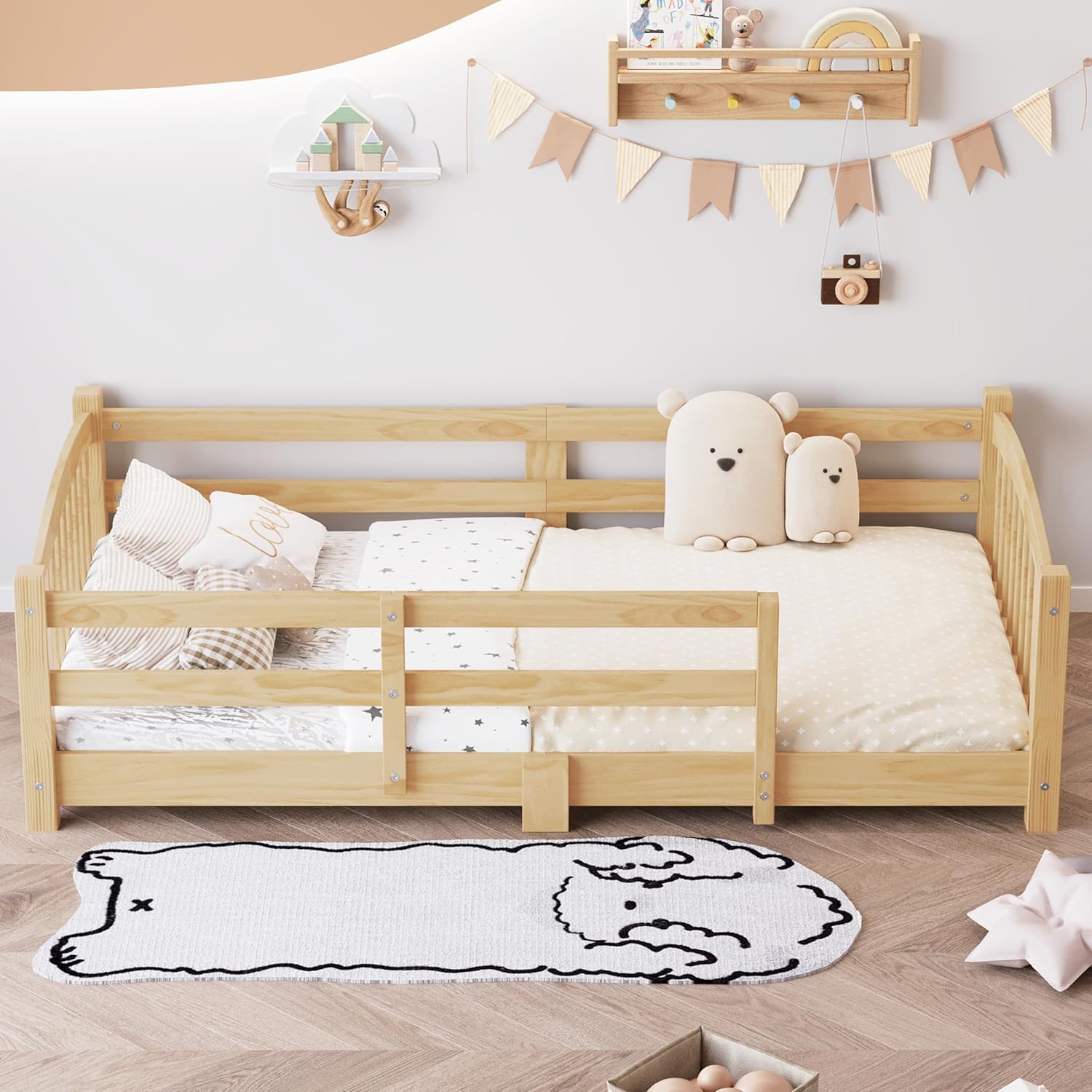 Merax Twin Montessori Floor Bed with Safety Guardrails – Solid Wood Kids Bed with Slats & Fence and Without Door, No Box Spring Needed, Natural
