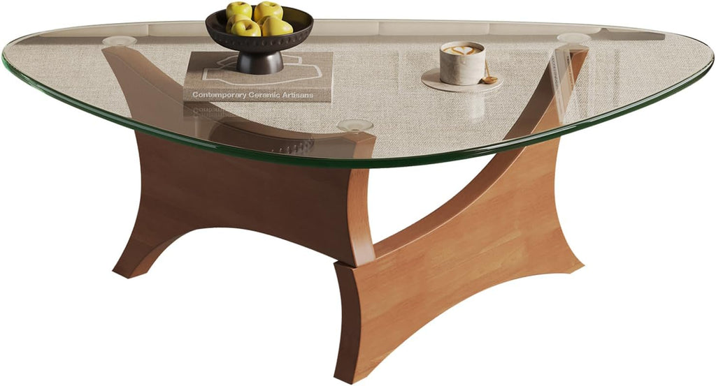 Glass Coffee Table Mid-Century Modern Coffee Table for Living Room Center Table Suitable for Bedroom Living Room Reception Office Tables（Walnut/Transparent，Medium）