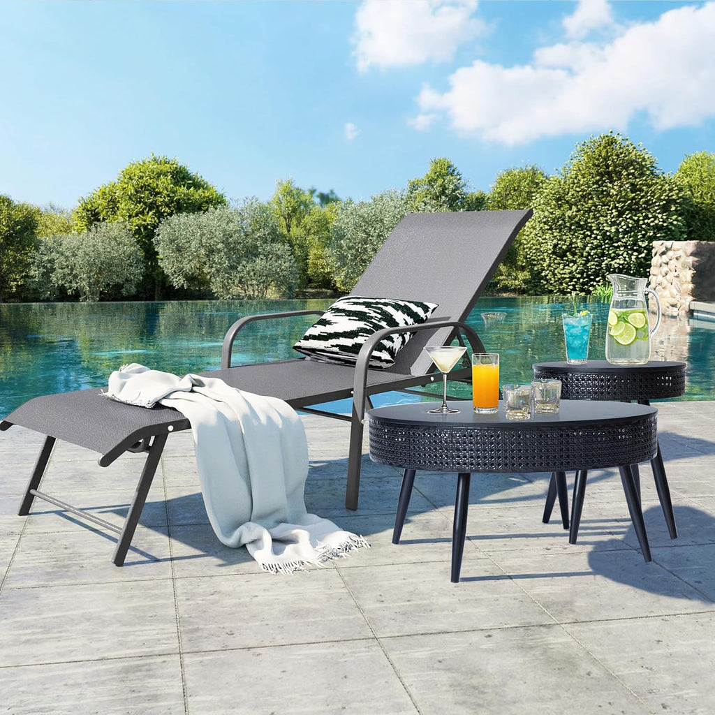 FurSch Modern Farmhouse Round Coffee Table Set of 2, Iron Rattan Nesting Side Table with Hidden Storage Basket for Living Room, Balcony, Patio, Poolside (Black)