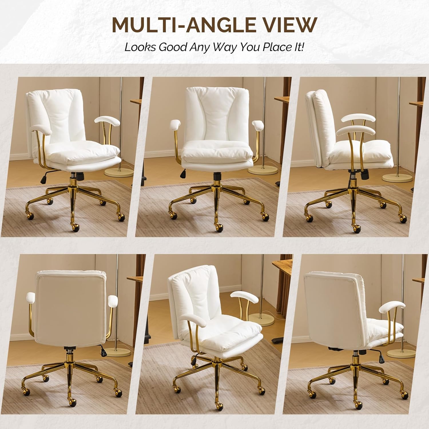 VINGLI Home Office Desk Chair Comfy with Wheels & Removable Armrests,Gold Base Vanity Chair with Back, Adjustable Rolling Swivel Computer Task Chair for Study,Makeup,Office,Bedroom,PU Leather,White