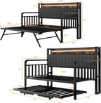 Daybed with Trundle and LED Light, Heavy Duty Metal Twin Bed Frame with Upholstered Storage Headboard & Charging Station, Day Bed Pop Up Trundle Bed Twin for Living Room,Bedroom and Guest Room, Brown