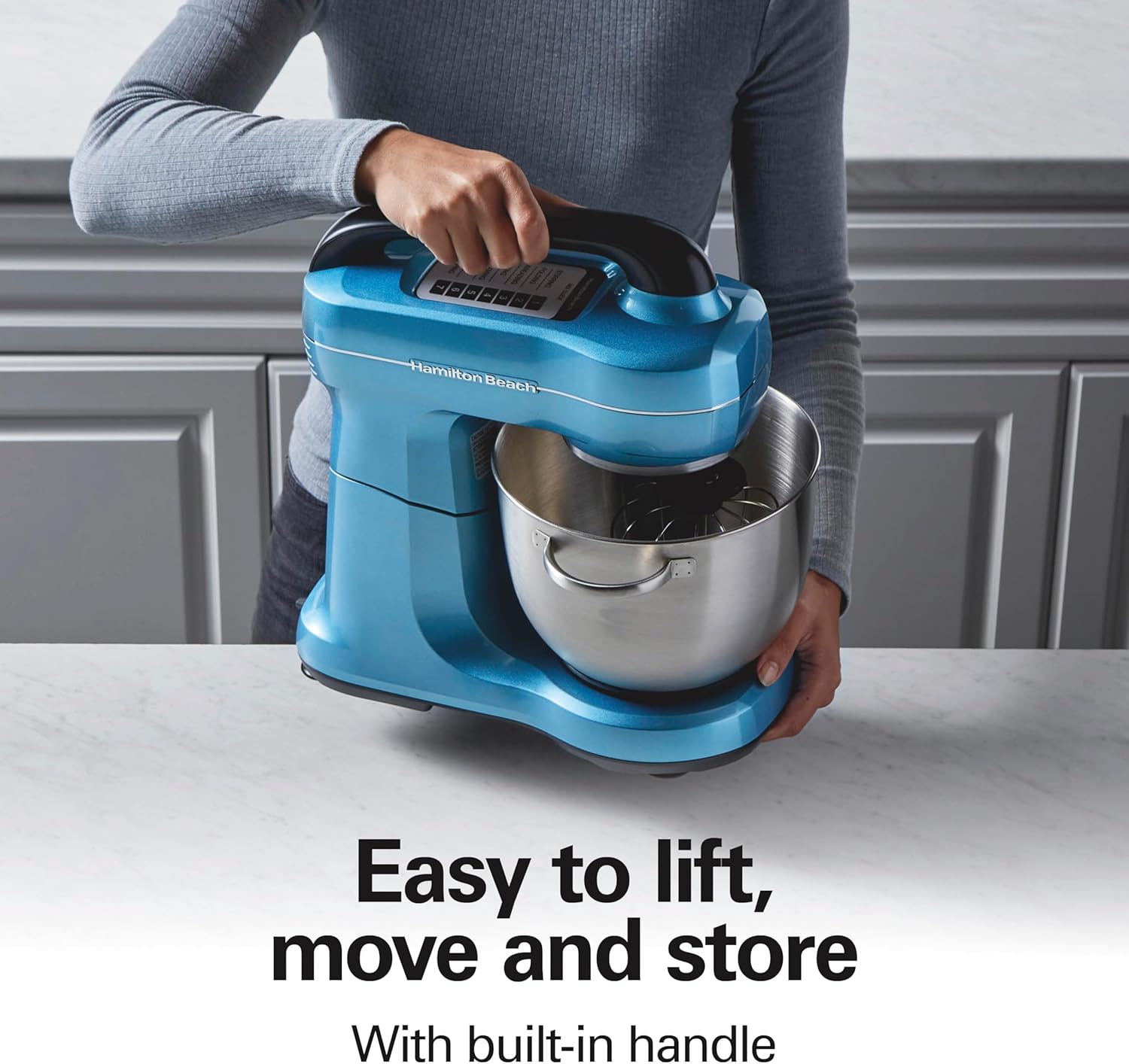 Hamilton Beach Electric Stand Mixer, 4 Quarts, Dough Hook, Flat Beater Attachments, Splash Guard, 7 Speeds with Whisk, Easy-Carry Top Handle, Blue