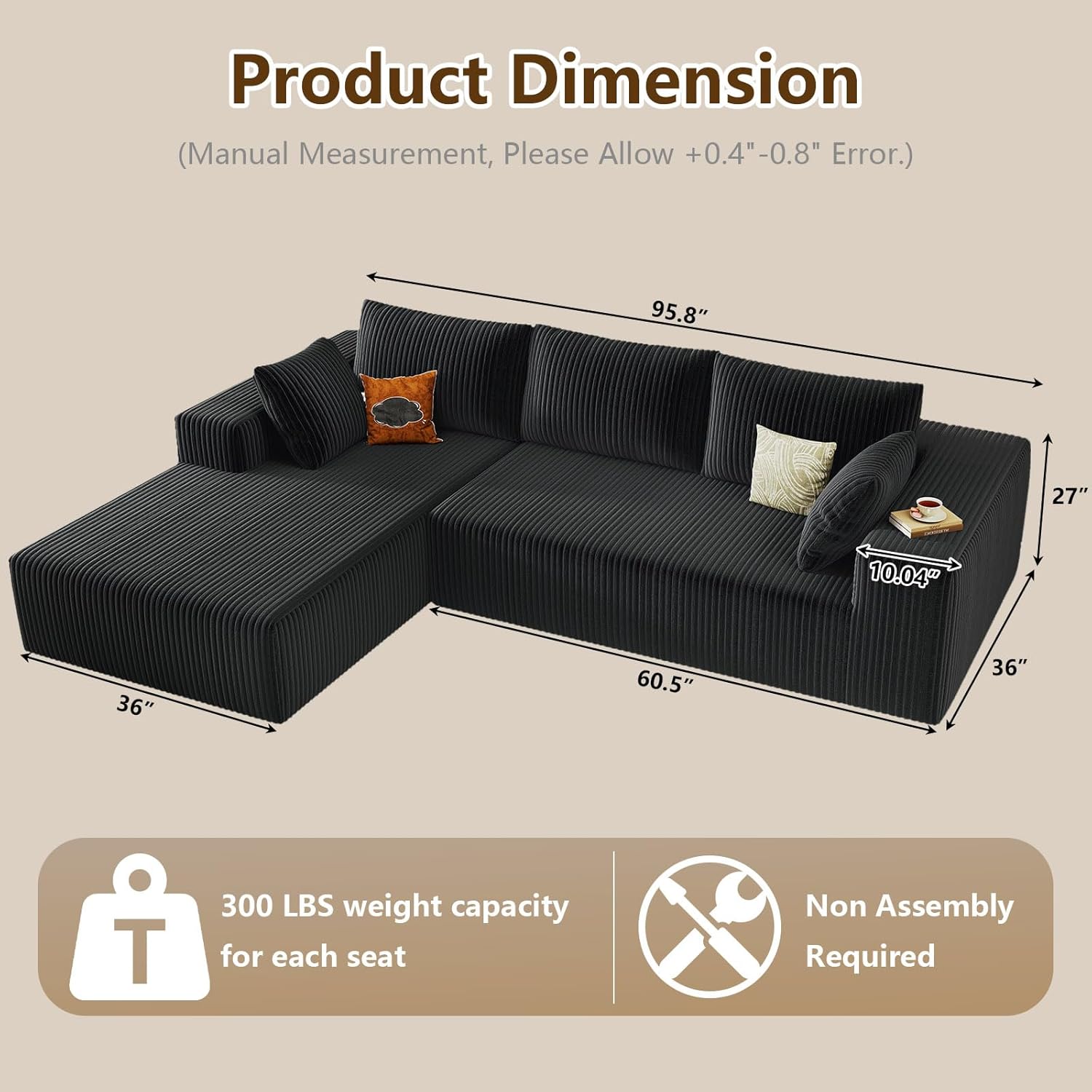 96" Modular Sectional Couch, Boneless L Shaped Cloud Sofa with Chaise Lounge, Corduroy Upholstered Couches Memory Foam Deep Seat, No Assembly Required, Ideal for Living Room(Black, Left Facing)
