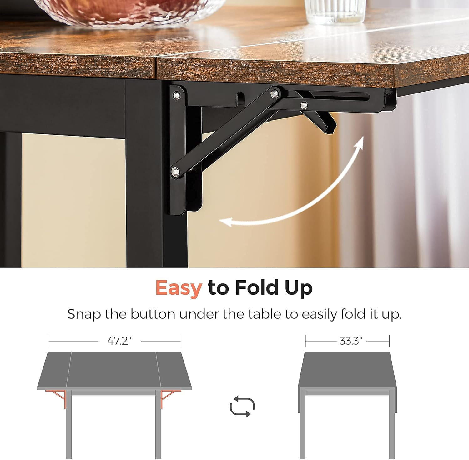 VASAGLE Folding Dining Table, Kitchen Table, Drop Leaf Extendable Table for Small Spaces, Seats 2-4 People, Industrial, Rustic Brown and Black UKDT077B01