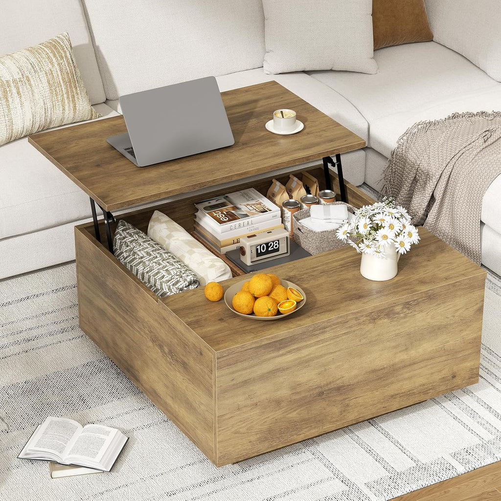FABATO Lift Top Coffee Table, Wood Square Coffee Table with Storage, Farmhouse Coffee Tables with Hidden Storage Compartment, Center Table with Lifting Tabletop for Living Room, Home Office, Oak