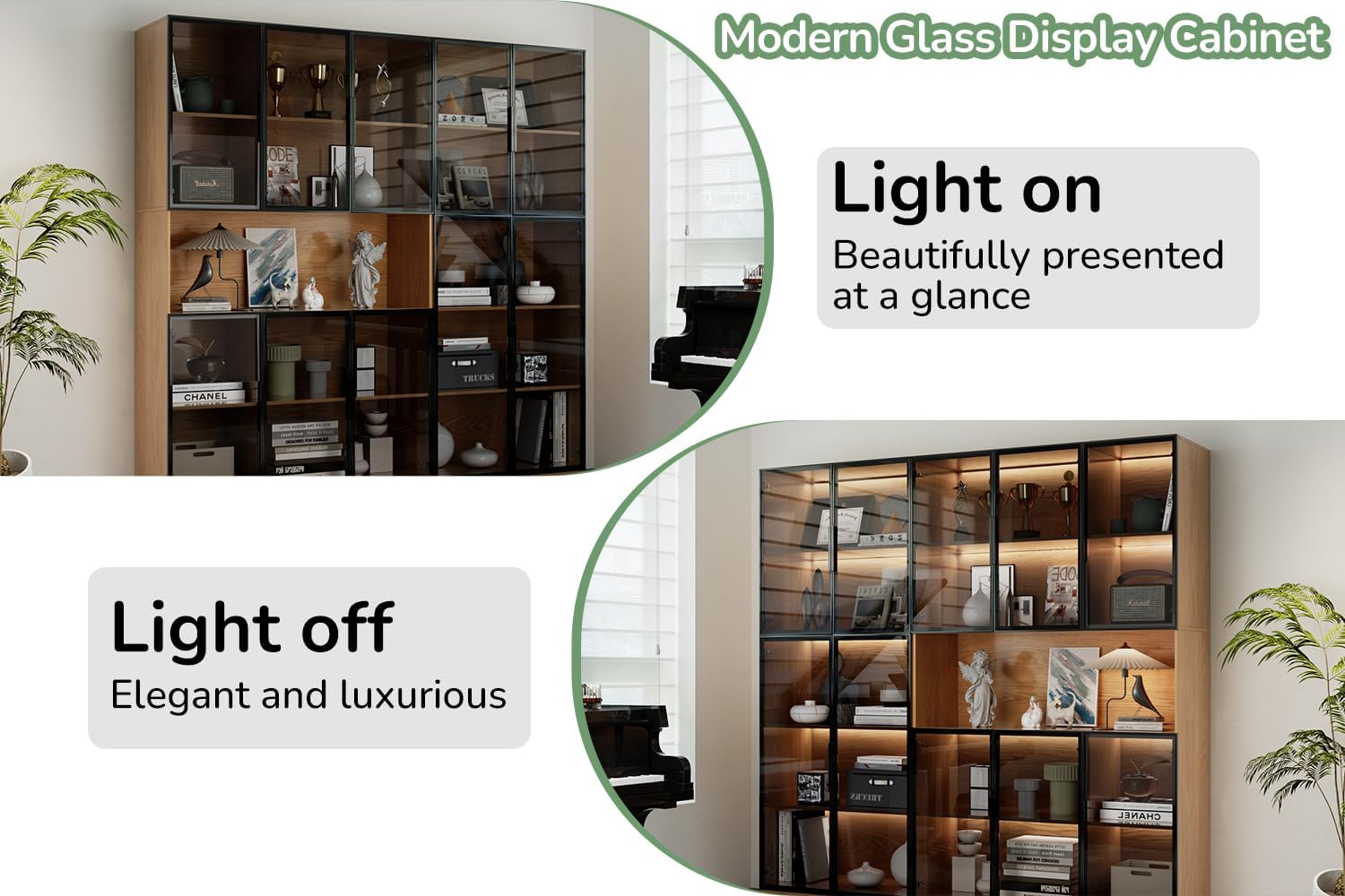 5 Tier Glass Display Cabinet with Adjustable LED Lights, 78.7" Lighted Curio Cabinet with Glass Doors & Shelves, Tall Display Case for Collectibles - Walnut