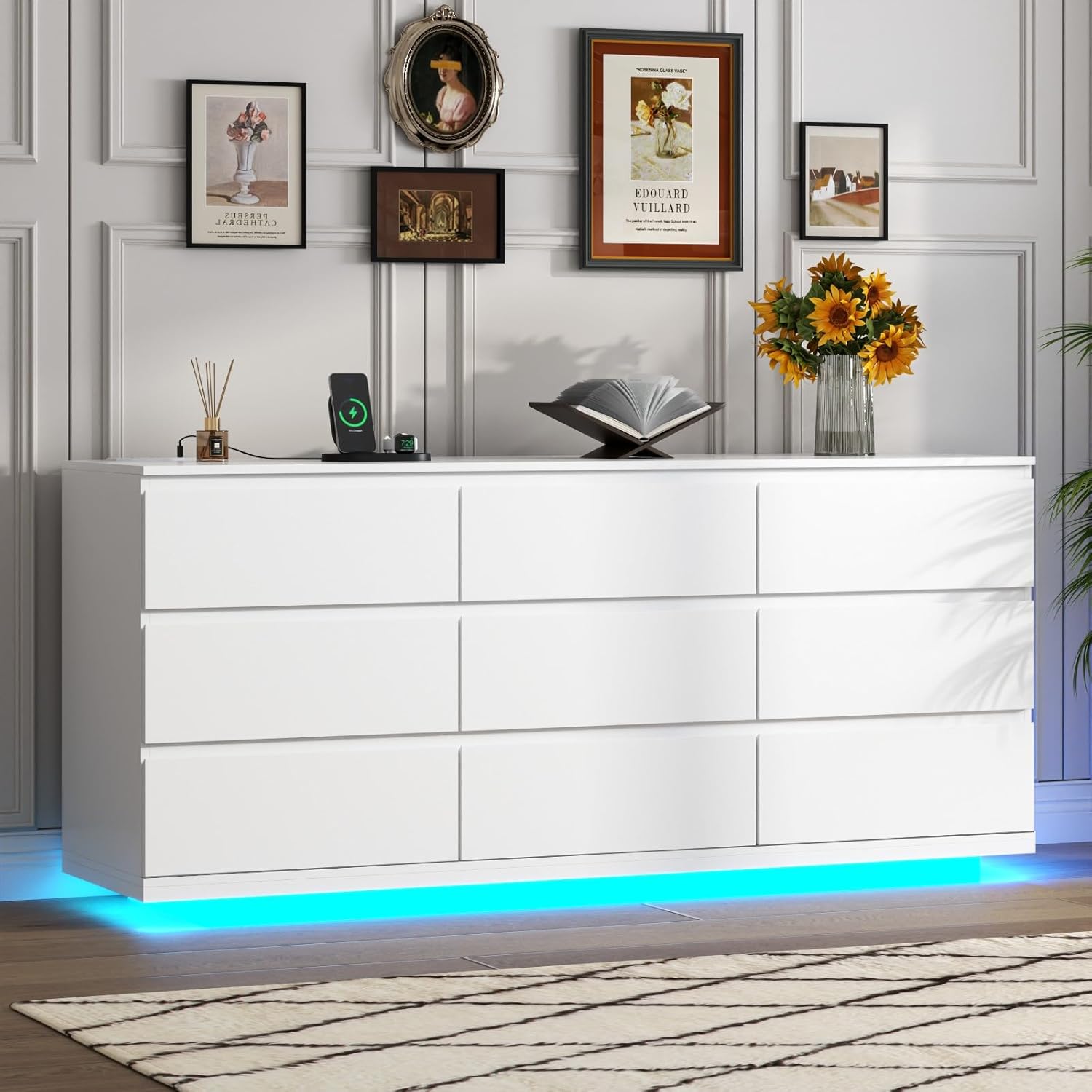 9 Drawer Dresser with Power Outlet, Floating White Dresser Chest of Drawer with LED Light,Modern Double Wide Drawer Organizer Cabinet for Bedroom,Living Room (9 Drawer-White)