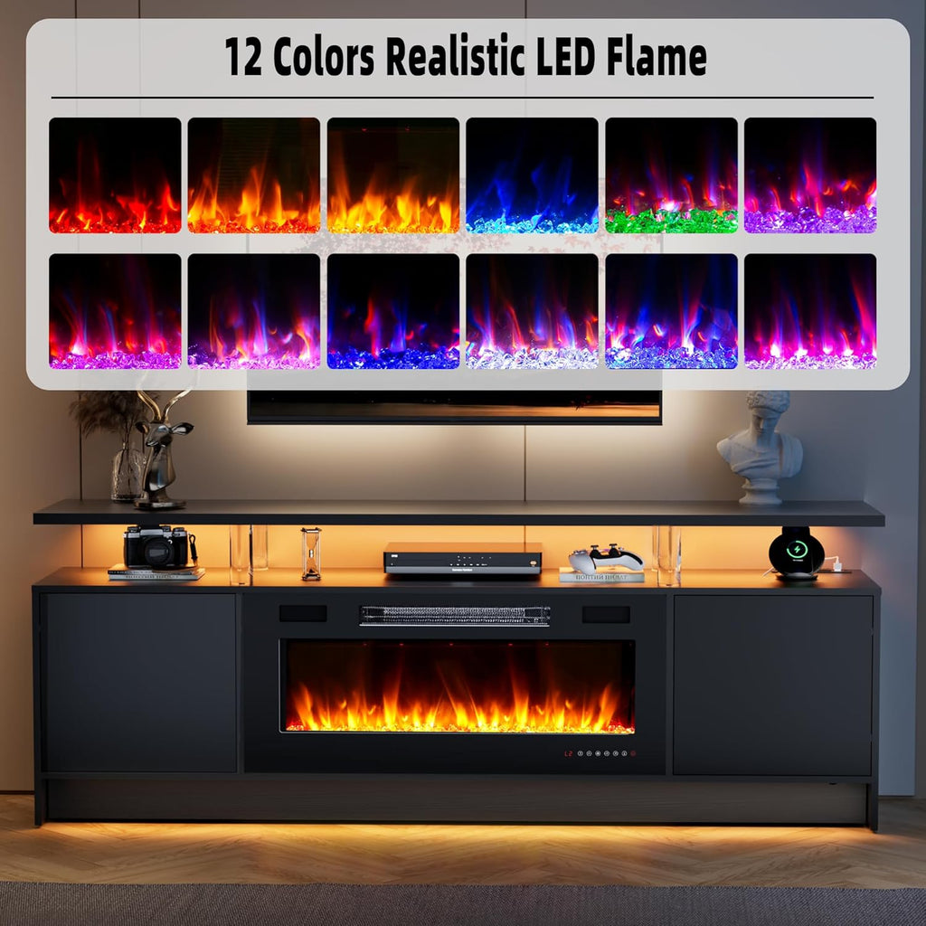 BREEZEHEAT 70 Inch Fireplace TV Stand for Up to 80" TV Console with 36'' Electric Fireplace & Outlet, Dual Led Lights Entertainment Center with Fireplace, Living Room, Black