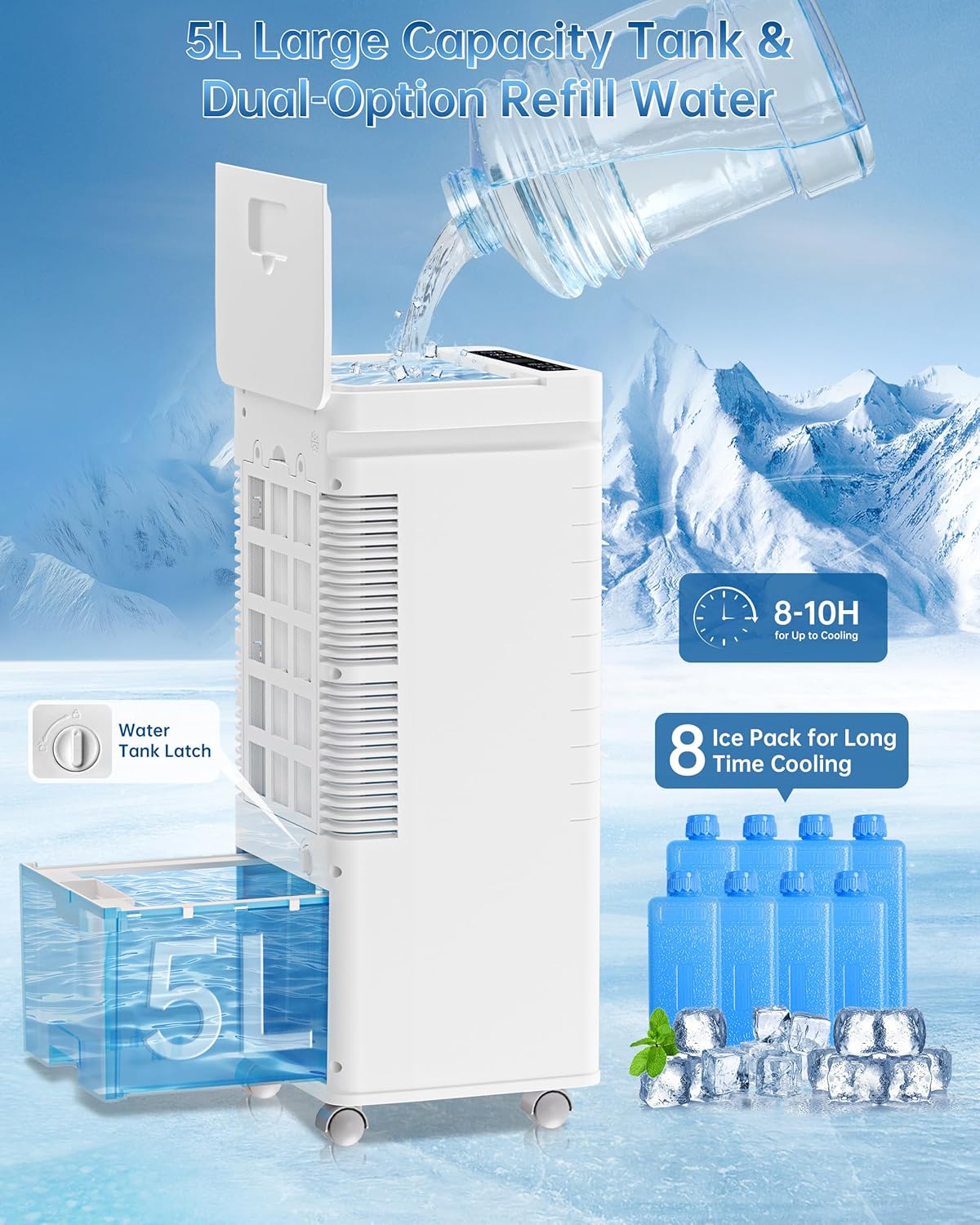 Portable Air Conditioners, Swamp Cooler Portable AC Unit for Room, Windowless Cooling Fan That Blow Cold Air w/Remote 5L Tank 12 Speeds 9H Timer, Evaporative Air Cooler for Bedroom Garage (White)