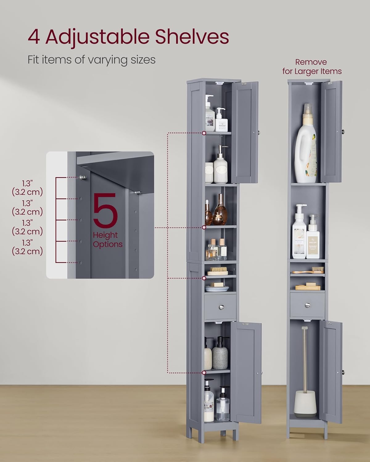 VASAGLE Tall Bathroom Cabinet, Slim Freestanding Bathroom Storage Cabinet with Adjustable Shelves, Drawer, Open Compartments, for Small Spaces, Modern, Dove Gray UBBC765G02