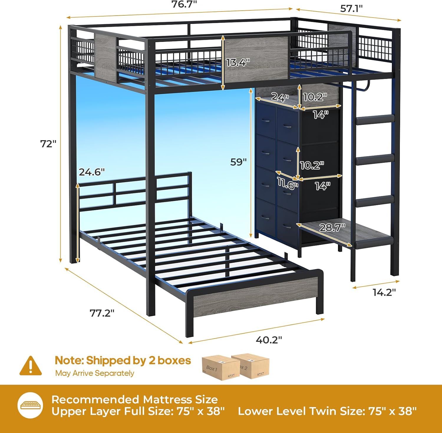 ADORNEVE Bunk Bed Twin Over Twin Size with 8 Storage Drawers, Twin Bunk Beds with Led Lights & Storage Shelves, Metal Loft Bed with 13.4" H Safety Guardrail & Ladder, for Kids & Teens, Black