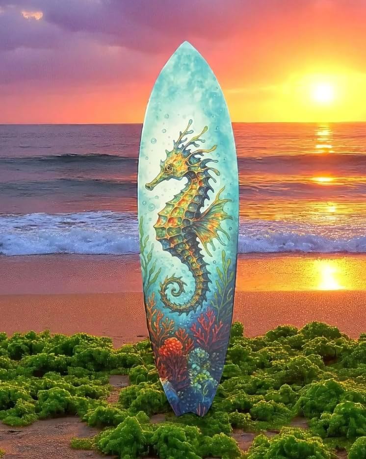 JennyGems Seahorse Surfboard Wall Art Coastal PVC Beach House Decor, Ocean Theme Nautical Wall Sign, Tropical Underwater Sea Dragon, 4 Foot