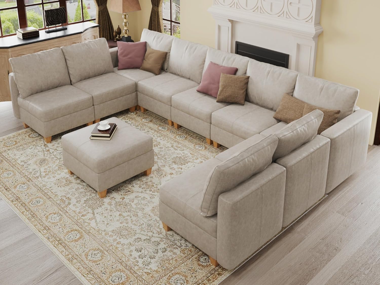 EASE MOOSE Modular Couch U Shaped Oversized Sofa, Faux Leather Sectional Sofa with Storage Seat,White