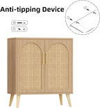 Keehusux Rattan Buffet Cabinet with Storage, Boho Buffet Table with Adjustable Shelf and Solid Wood Legs, Accent Sideboard with Doors, Floor Cabinet for Kitchen, Dining Room and Living Room, Natural