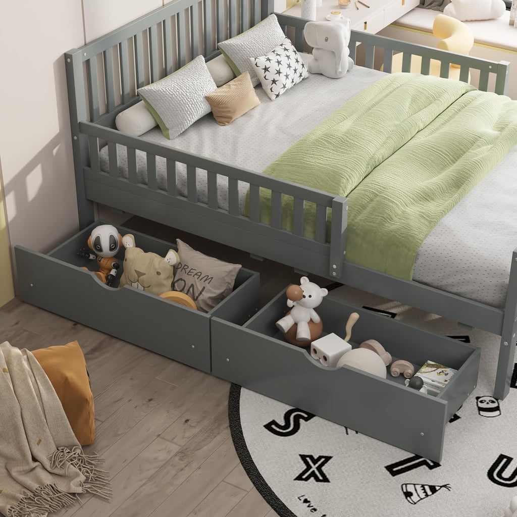 Merax Full Bed Frame with Storage Drawers and Safety Guardrails on Both Sides, Wood Platform Bed & Headboard and Footboard for Kids, Boys, Gilrls, Solid Slats Support, No Box Spring Needed, Gray