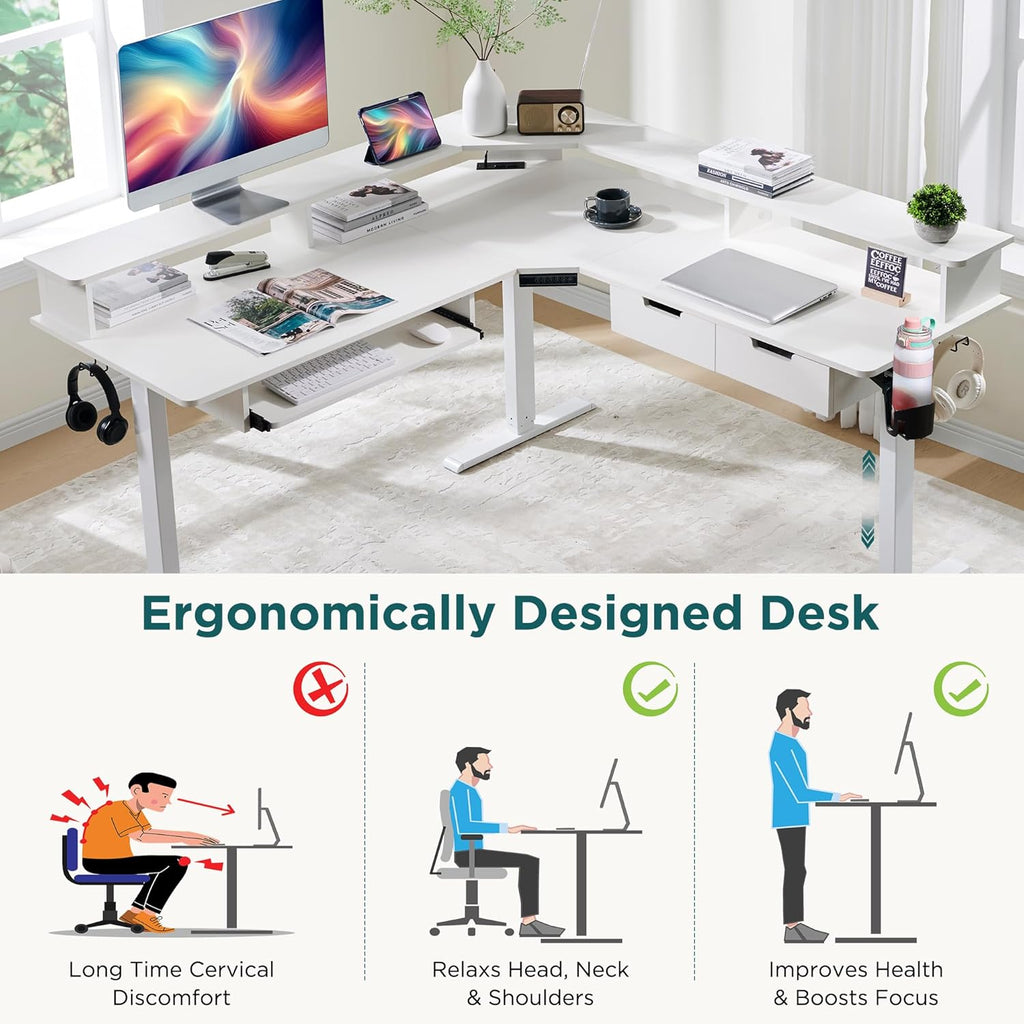 RedLemon Electric L Shaped Standing Desk, 60" Motor Height Adjustable Sit Stand Corner Desk with Led, Large Home Office Desk Computer Workstation, Antique White