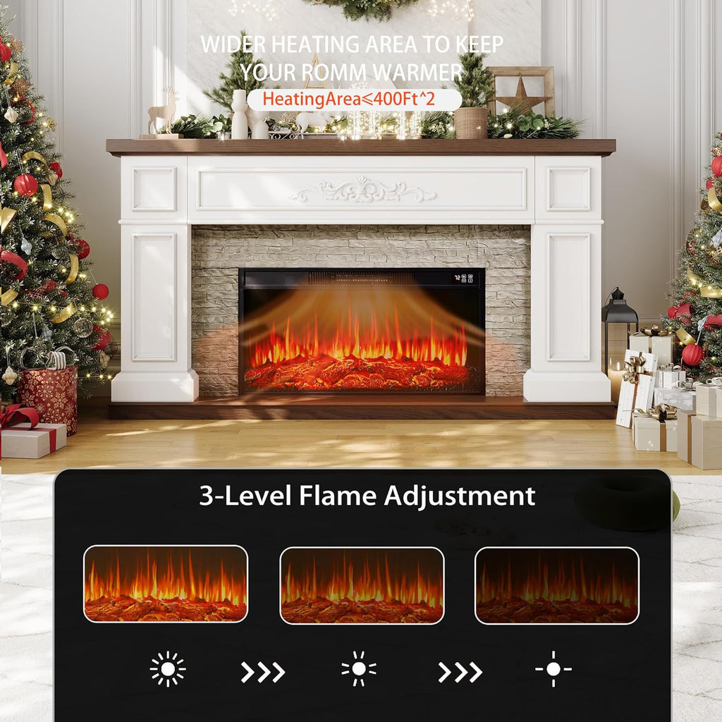 BLANKSPACE 60" Landscape Electric Fireplace with Mantel, Solid Wood Modern Entertainment Center TV Stand, Replaceable 30" Fireplace Insert Heater, for Living Room, Bedroom