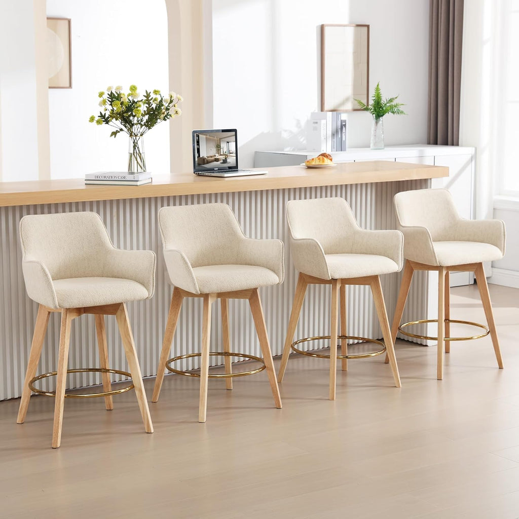 ONEVOG Modern 26" Counter Height Bar Stools Set of 4, Swivel Kitchen Island Tall Chairs with Back, Arm, Footrest and Solid Wood Legs, Linen Fabric Upholstered Farmhouse Barstools for Countertop, Beige