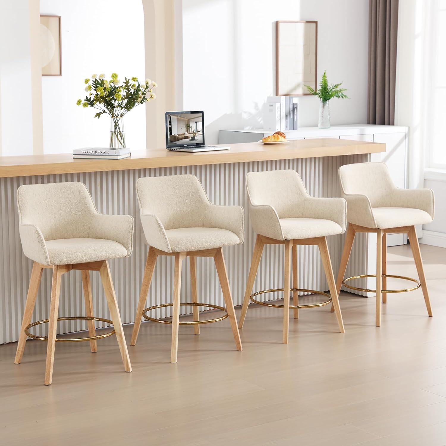 ONEVOG Modern 26" Counter Height Bar Stools Set of 4, Swivel Kitchen Island Tall Chairs with Back, Arm, Footrest and Solid Wood Legs, Linen Fabric Upholstered Farmhouse Barstools for Countertop, Beige