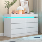 6 Drawer Dresser with Power Outlet, Dresser with LED Light, Modern Chest of Drawers for Closet, Double Wide Drawer Organizer Cabinet for Bedroom, Living Room (White, 6 Drawers)
