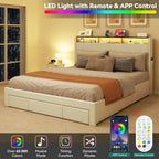 YITAHOME King Size Bed Frame, Storage Bed Frame with 4 Drawers & LED Light, Platform Bed with Storage Upholstered Headboard and Charging Station, No Box Spring Needed, Easy Assembly, Beige