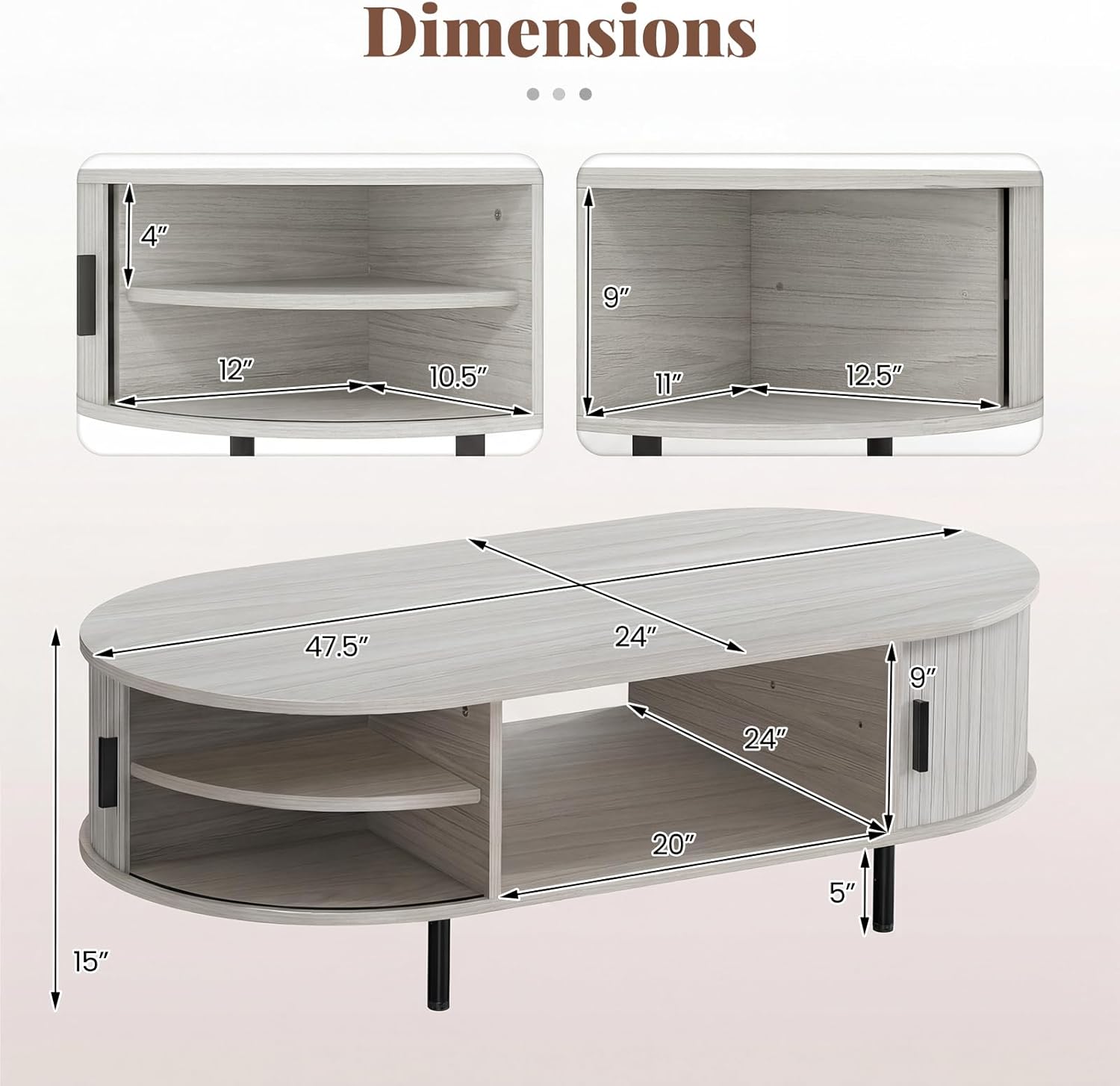 Giantex Oval Coffee Table, 47.5" Mid Century Modern Center Table with Sliding Tambour Doors, Hidden Storage & Open Compartment, Fluted Wood Living Room Tables for Small Spaces (Light Grey Oak)